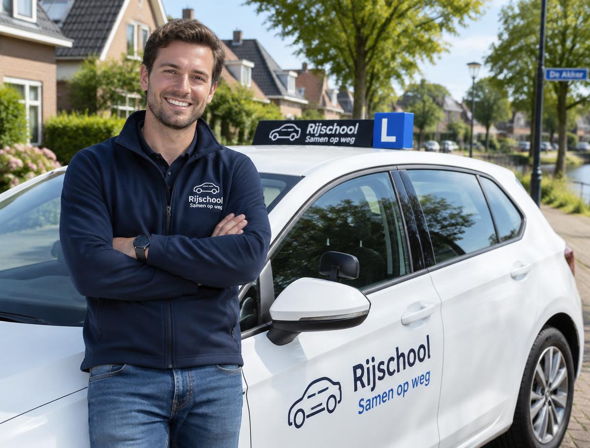 Rij-instructeur naast de lesauto